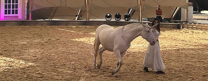Pferdetrainerin Kenzie Dysli mit ihrem Lusitano Sasou, der als liebenswertes Einhorn die Herzen gro&szlig;er und kleiner Zuschauer zum Schmelzen bringt (&copy;Foto: Martin Schmitz)